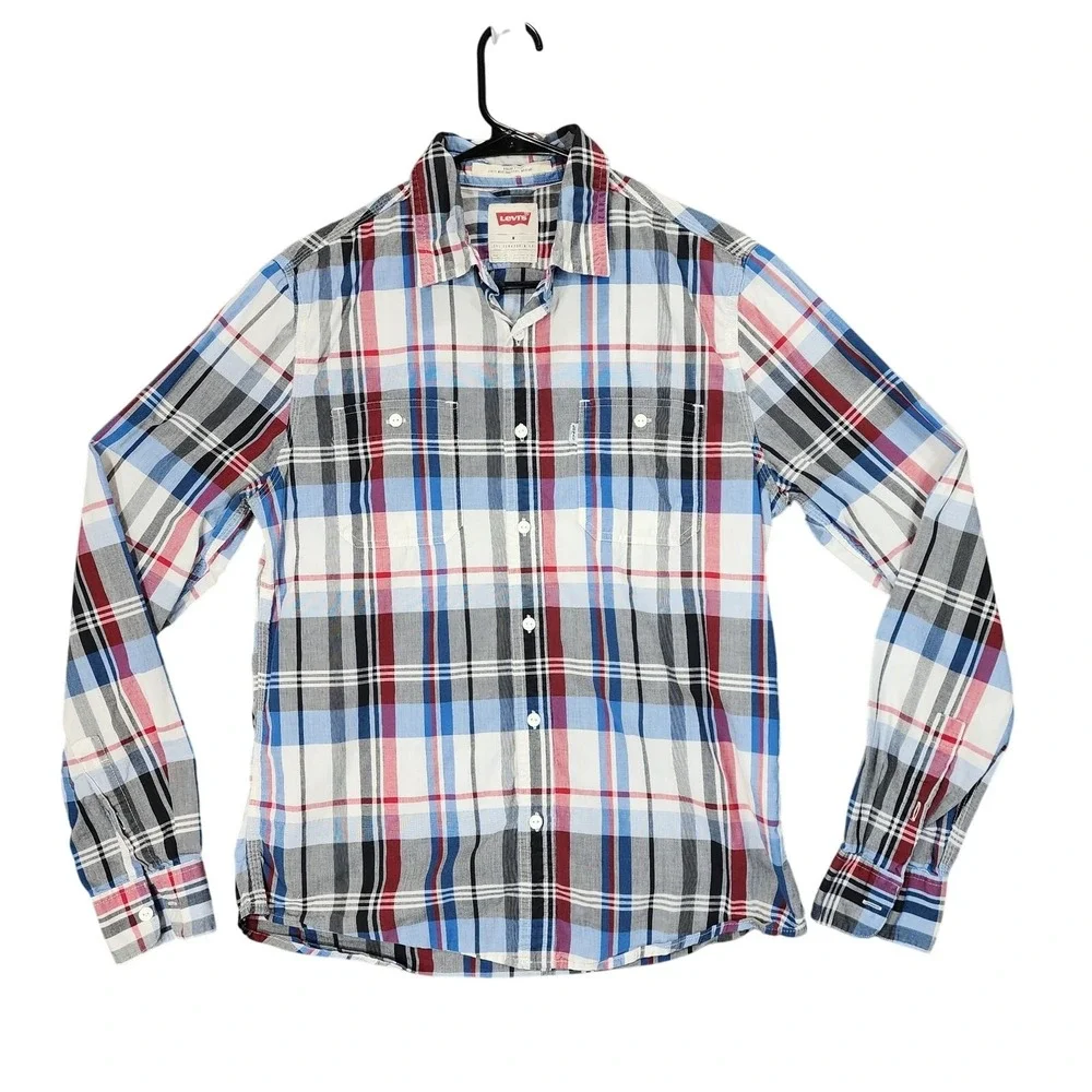 Levis Button Up Shirt M Men Modern Fit Plaid Red White Blue Western Cowboy Rodeo